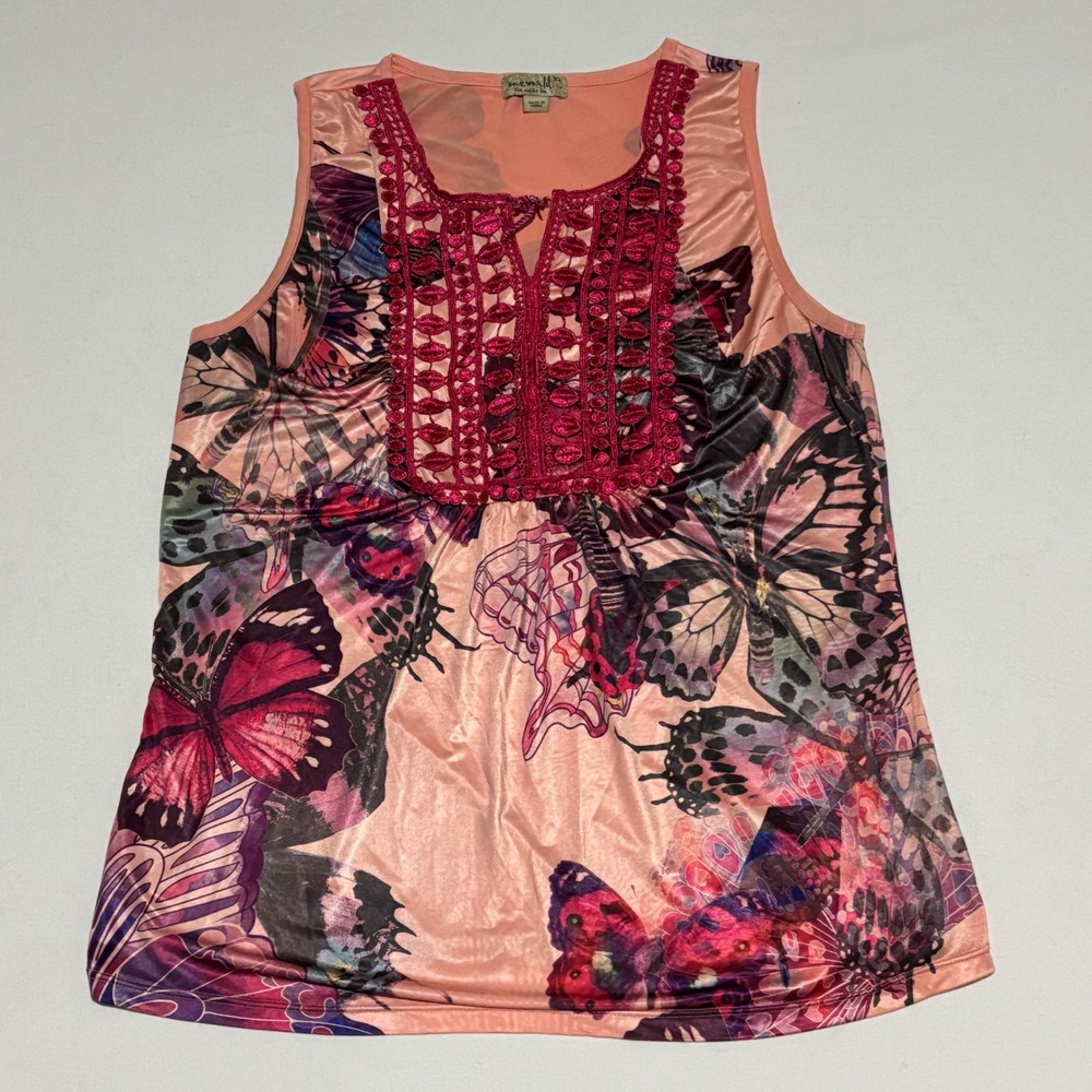One World Butterfly Print Tank Top Women XL Peach Crochet Boho Sleeveless